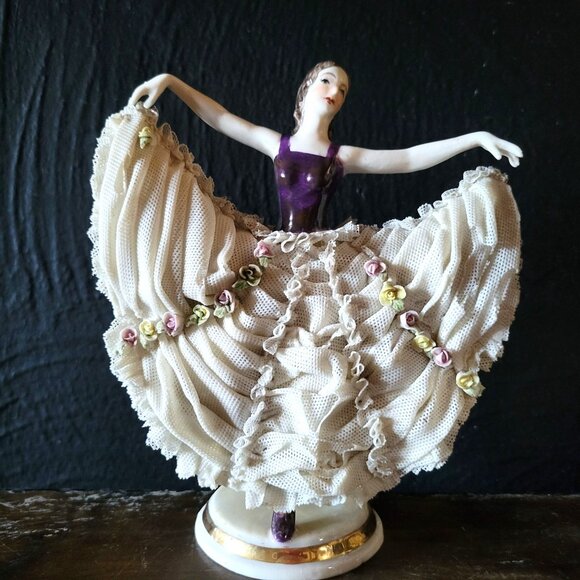 Antique Muller Dresden Lace Figurine Volkstedt Germany Blue MZ Crown Mark *Read - Picture 2 of 14